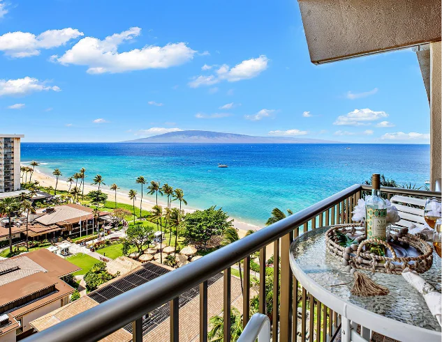 View from a balcony overlooking a tropical beach, clear blue ocean, palm trees, and a table set with wine and glasses.