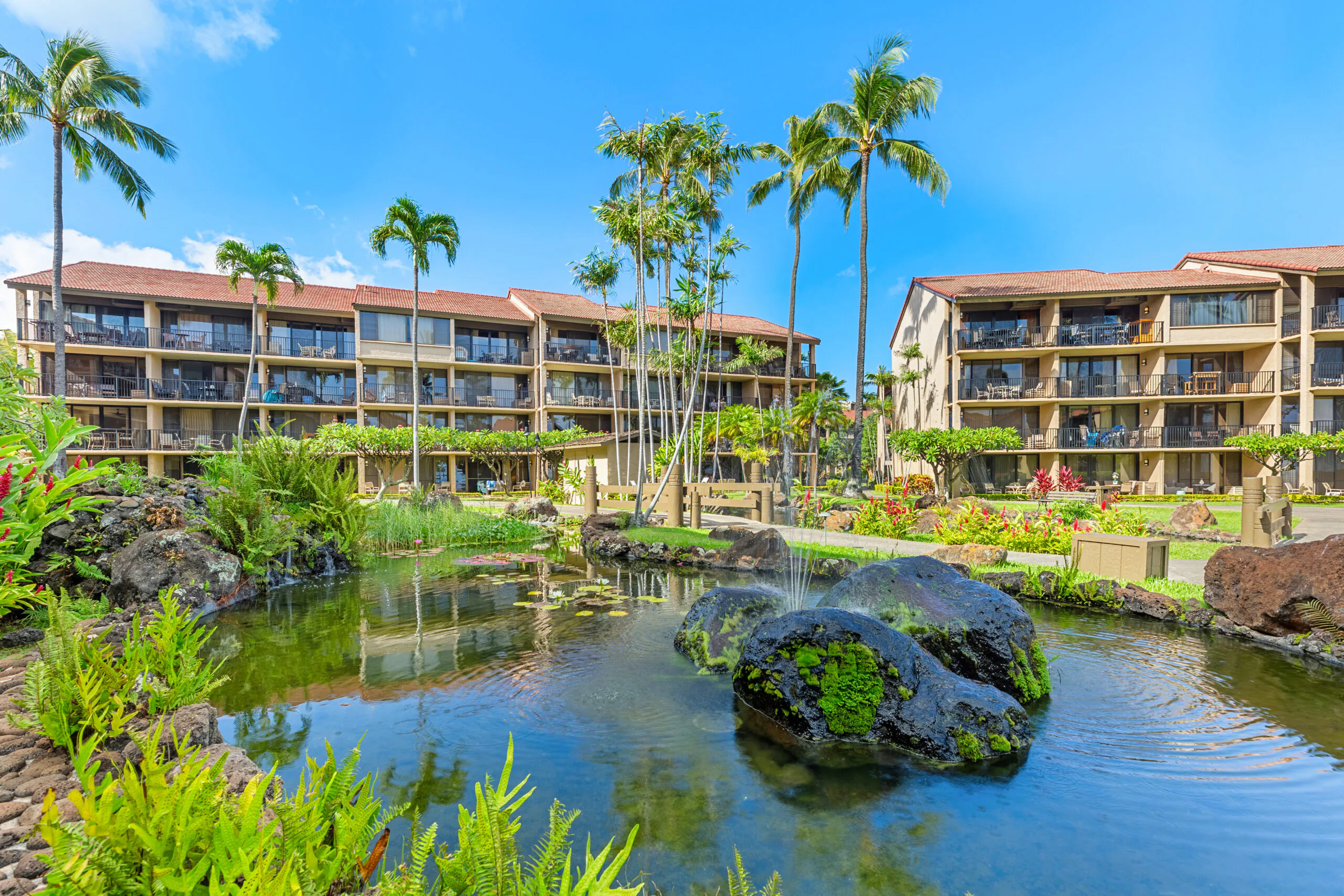 A tropical resort with palm trees, a pond with rocks and ferns, and three-story buildings with balconies under a bright blue sky.
