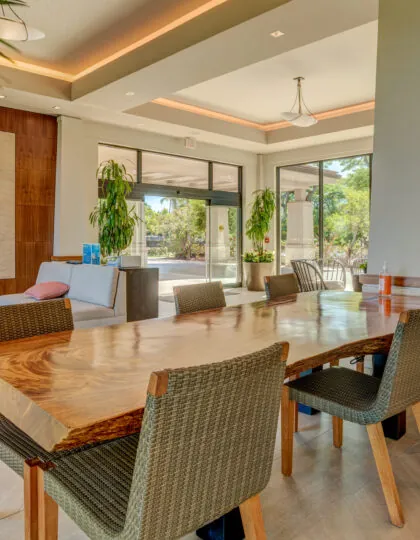 Modern lounge with a live-edge wooden dining table, woven chairs, sofas, large windows, plants, and natural light filling the space.