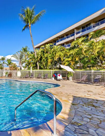 Curved outdoor swimming pool with clear water, palm trees, lounge chairs, and a hotel building under a bright blue sky.