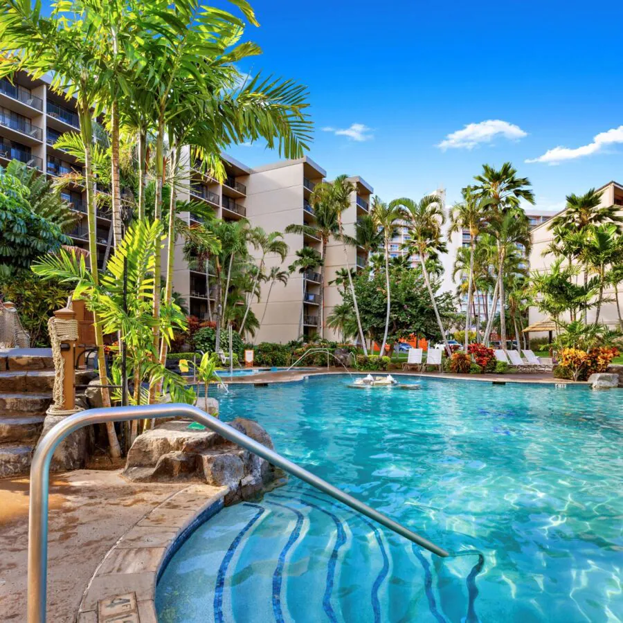 Resort pool surrounded by palm trees and tropical plants, with apartment buildings in the background under a bright blue sky.